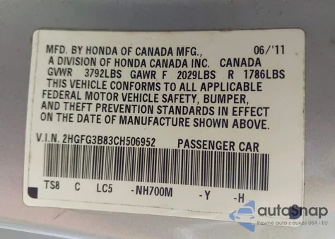 2012 Honda Civic Ex z USA, uszkodzony, nr VIN 2HGFG3B83CH506952